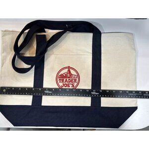 Trader Joe’s Canvas Tote Navy Blue Bag Reusable Shopper Pocket Red Embroidery